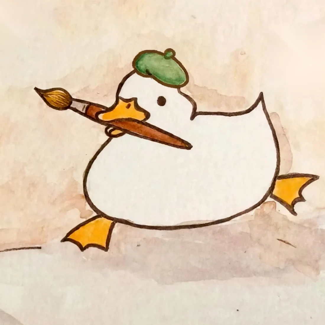 Juniper, a round white duck in a green beret, holding a paintbrush in her beak and striding across a watercolor wash