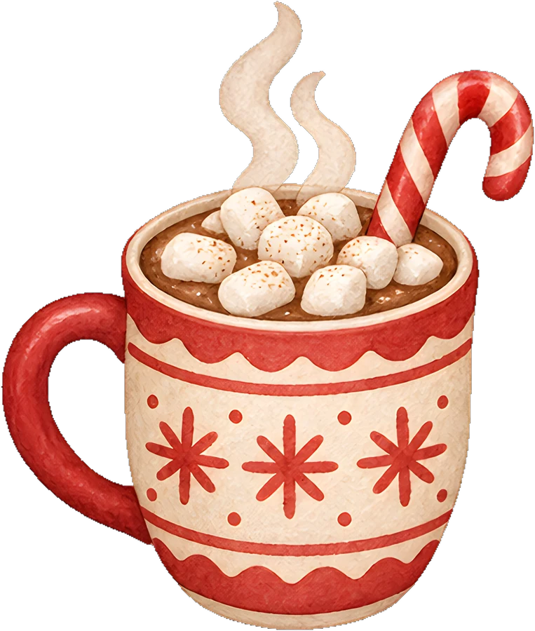 Hot cocoa mug: A big mug of cocoa with marshmallows and a candy cane, painted in the soft red and cream of the Christmas Gingerbread collection.